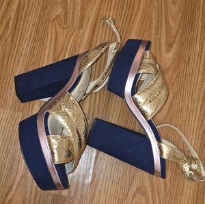 Jessica Simpson Gold Metallic and Navy Platform Sandals